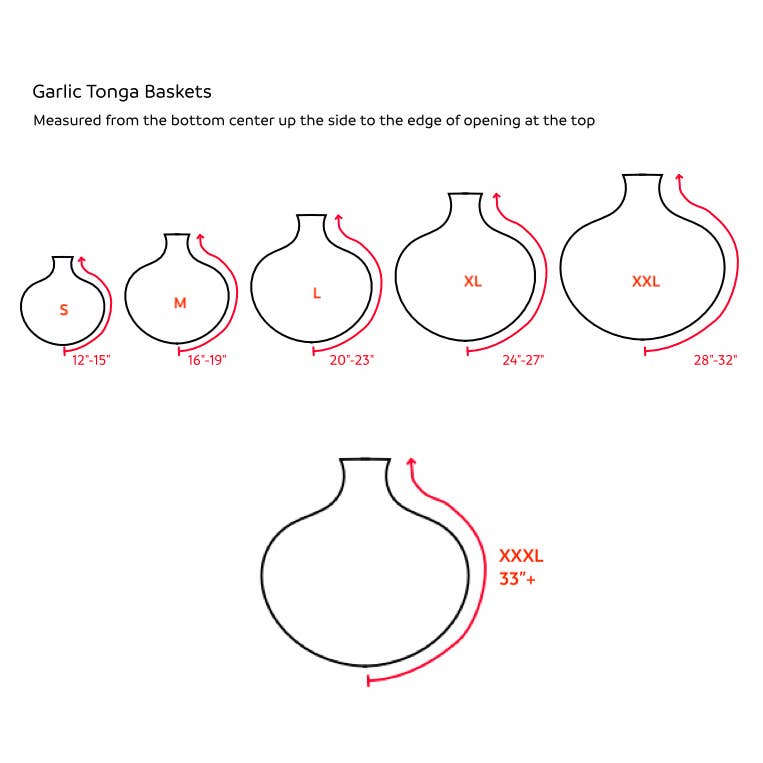 Diagram of Garlic Tonga Baskets with size measurements on a white background