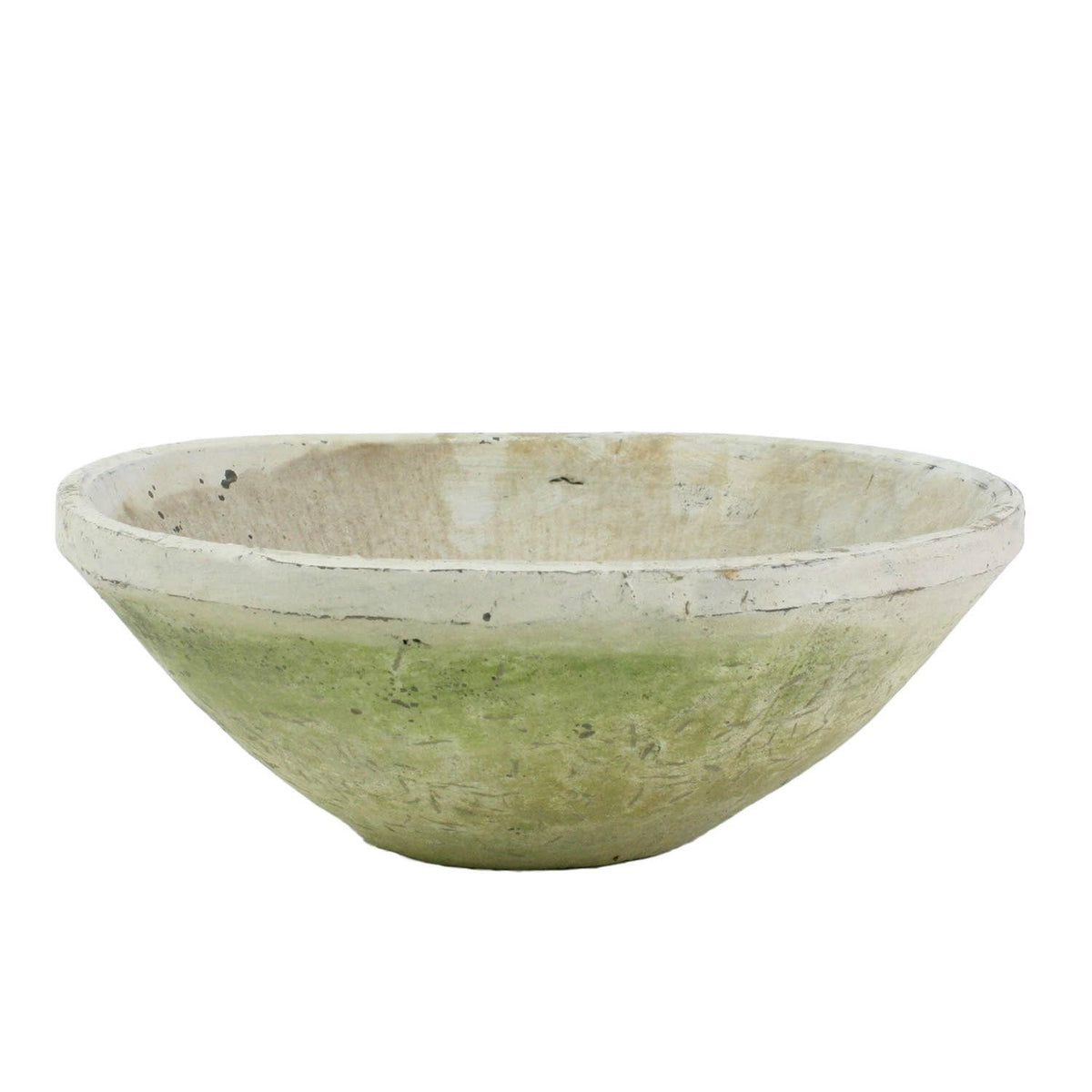 Rustic terracotta bowl with green and beige gradient on a white background