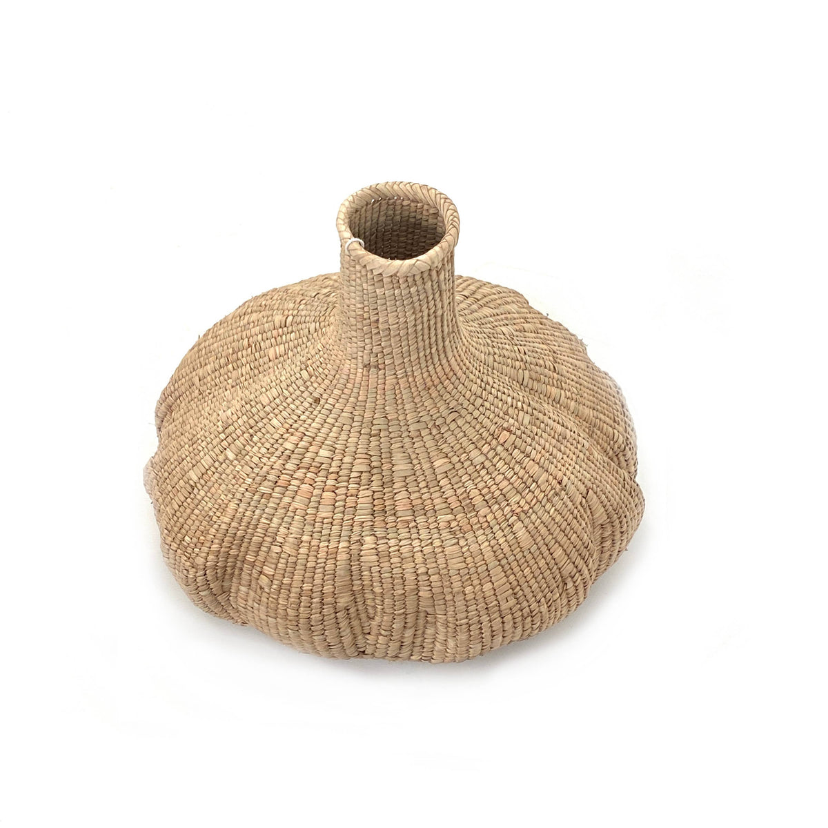 Woven garlic basket on a white background